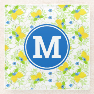 Summery White and Yellow Lemons Floral Pattern Glass Coaster