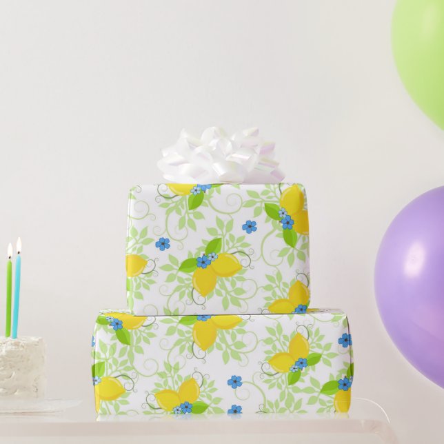 Summery White and Yellow Lemons Floral Pattern Wrapping Paper (Party Gifts)