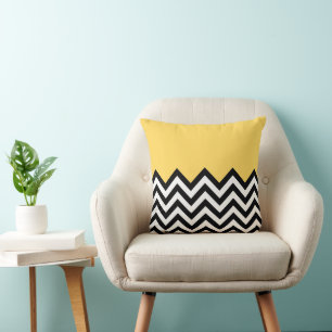 Summery Yellow White Black Zigzag Stripes Pattern Cushion