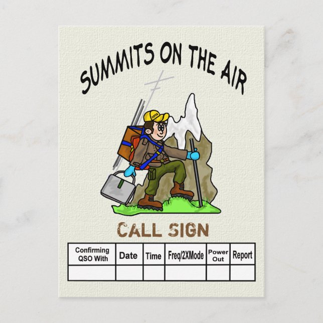 Summits On The Air Cartoon Hiking Ham QSL Card (Front)