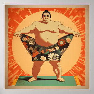 Sumo wrestlers using traditional Japanese vintage Poster