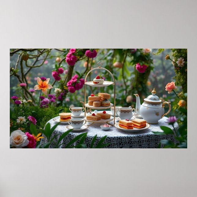 Sumptuous Afternoon Tea Setup In Garden Poster (Front)