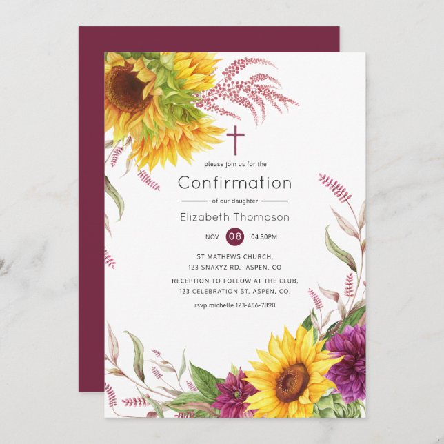 Sun and Burgundy Plum Floral Confirmation Invitation (Front/Back)
