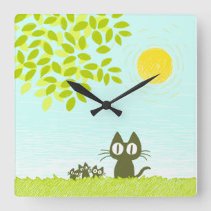 Sun and Leaves and Black Cat Square Wall Clock