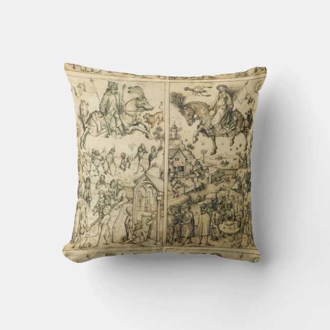 SUN AND MOON Antique Black White Astrology Drawing Cushion (Front)