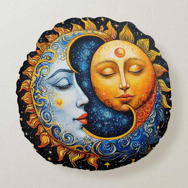 Sun and Moon Artistic Illustration Round Cushion (Front)