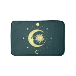 Sun and moon celestial design with moon phases bath mat