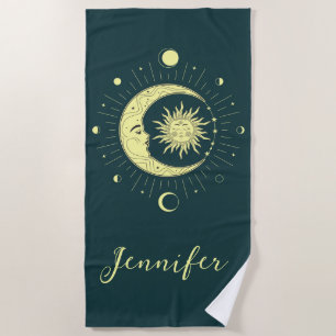 Sun and moon celestial design with moon phases beach towel