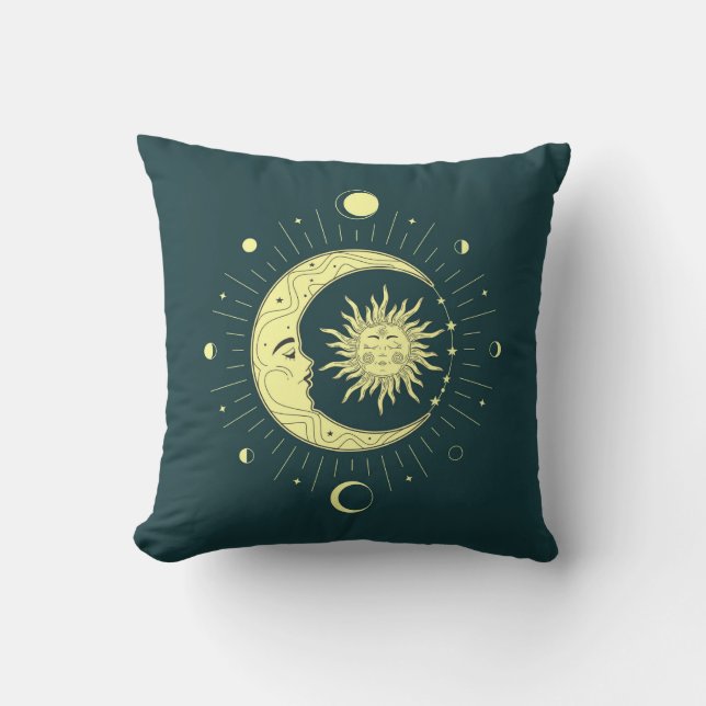 Sun and moon celestial design with moon phases cushion (Front)