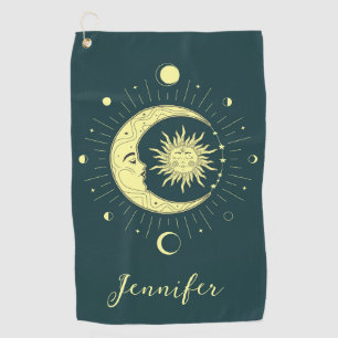 Sun and moon celestial design with moon phases golf towel