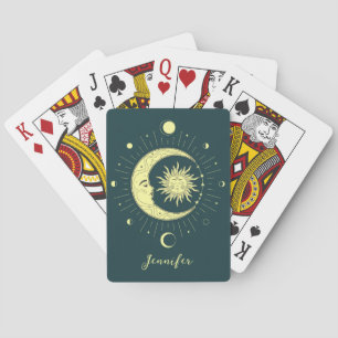 Sun and moon celestial design with moon phases playing cards