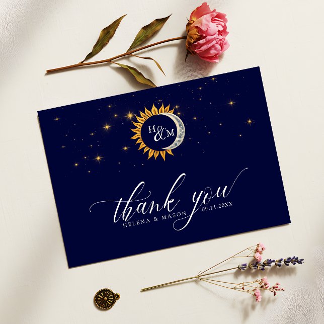 Sun and Moon Elegant Monogram Navy Blue Thank You Card (Creator Uploaded)
