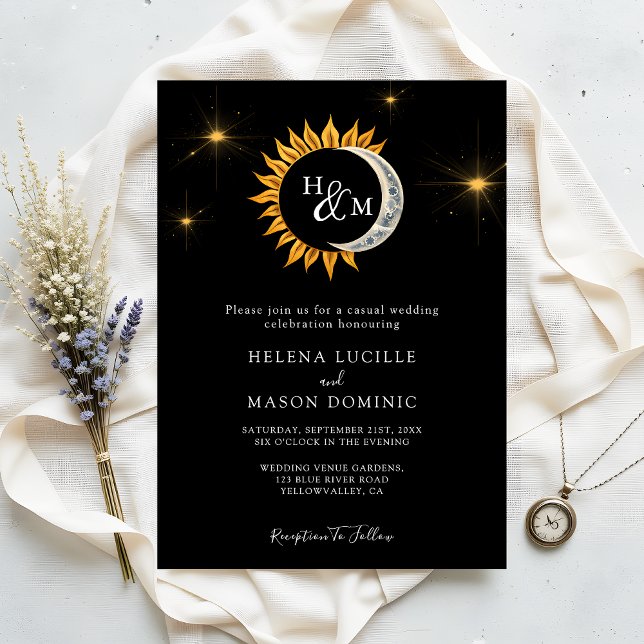 Sun and Moon Monogram Sleek Black Wedding Invitation (Creator Uploaded)