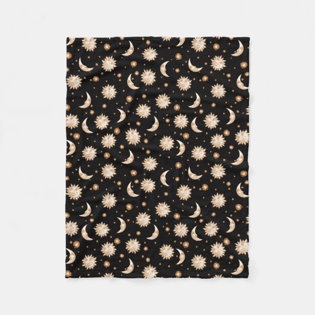 Sun and Moon on Black Fleece Blanket (Front)
