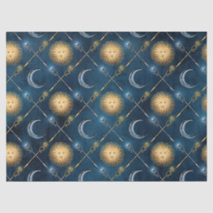 Sun and Moon Pattern on Blue Decoupage Tissue Paper