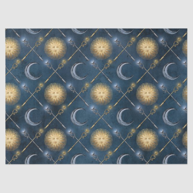 Sun and Moon Pattern on Blue Decoupage Tissue Paper (Front)