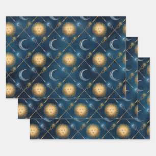 Sun and Moon Pattern on Blue Wrapping Paper Sheet