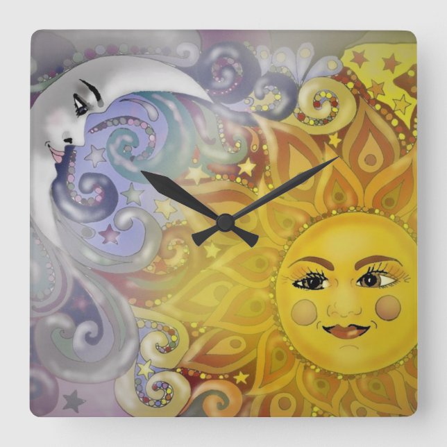 Sun and Moon   Square Wall Clock (Front)