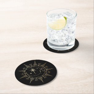 Sun and Moon Stars Celestial Faux Gold Black Round Paper Coaster