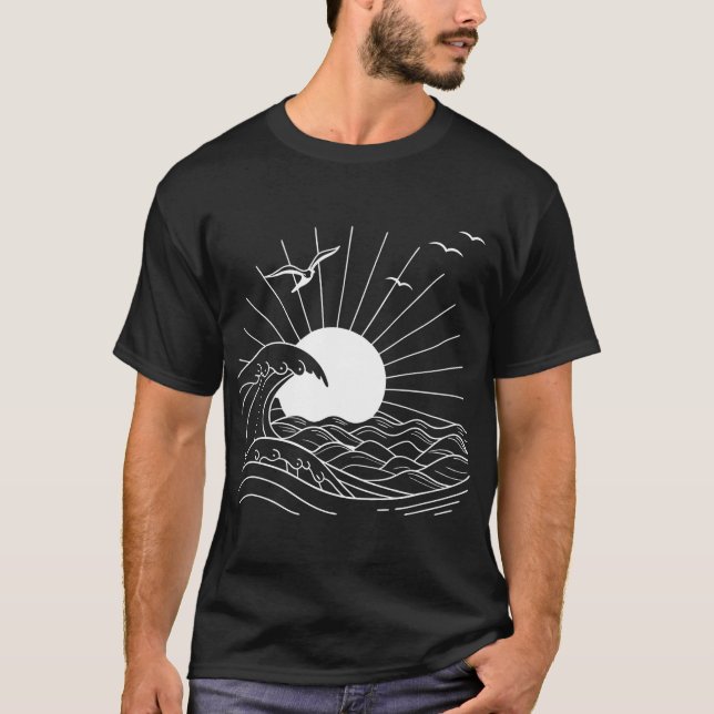 Sun and Ocean Waves Line Art T-Shirt (Front)
