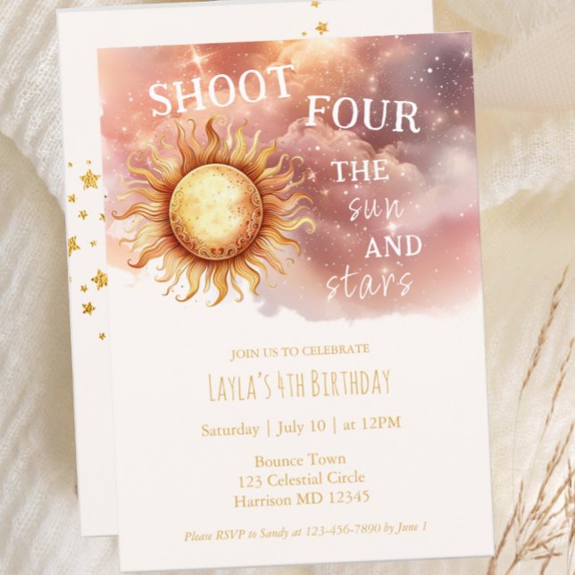 Sun and Stars Golden Magical Fourth Birthday Invitation (Creator Uploaded)