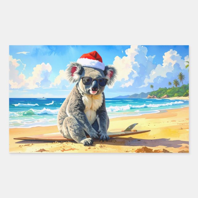 Sun and Surf Koala Santa Hat An Aussie Christmas Rectangular Sticker (Front)