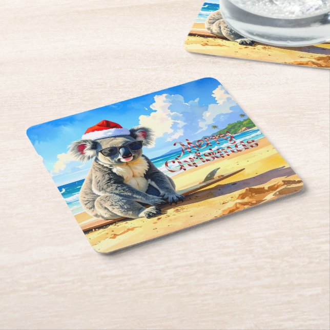 Sun and Surf Koala Santa Hat Square Paper Coaster (Angled)