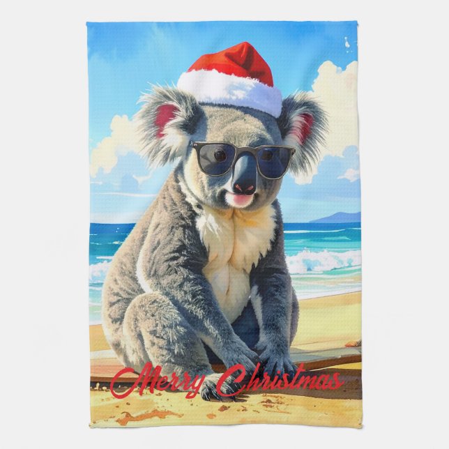 Sun and Surf Koala Santa Hat  Tea Towel (Vertical)