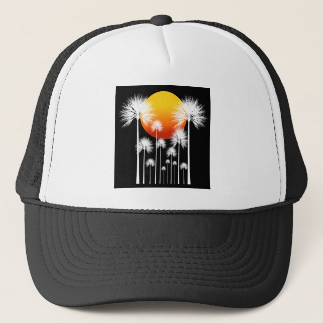 Sun And White Silhouette Palm Trees Trucker Hat (Front)