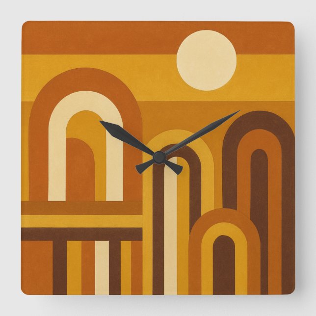Sun & Arches Mid Century Modern Geometric Design Square Wall Clock (Front)