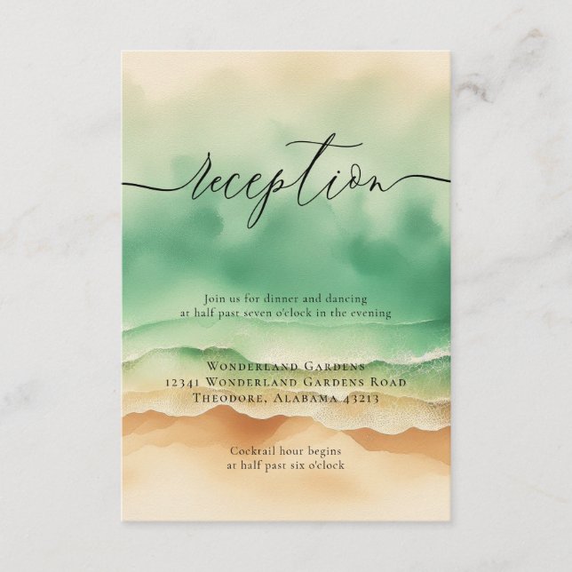 Sun Beach Ocean Green Wedding Reception Details Enclosure Card (Front)