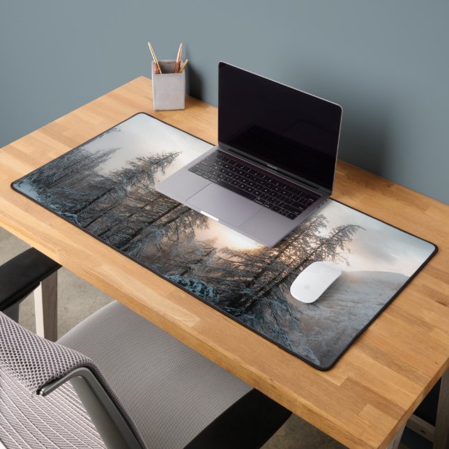 Sun behind spruce trees desk mat (Office 2)