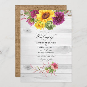 Sun & Burgundy Floral QR Code RSVP Rustic Wedding Invitation