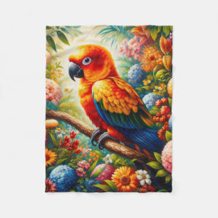 Sun Conure Parrot with Colorful Flowers Fleece Blanket