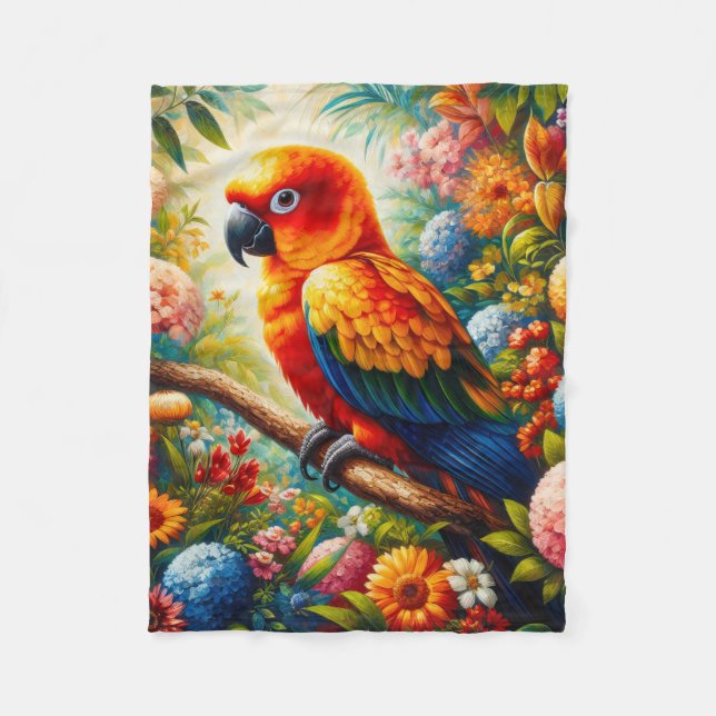 Sun Conure Parrot with Colourful Flowers Fleece Blanket (Front)