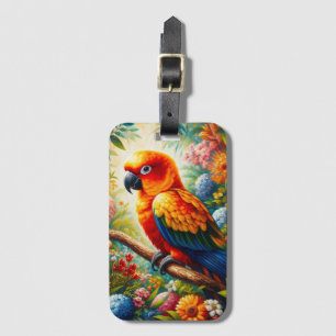 Sun Conure Parrot with Colourful Flowers Luggage Tag