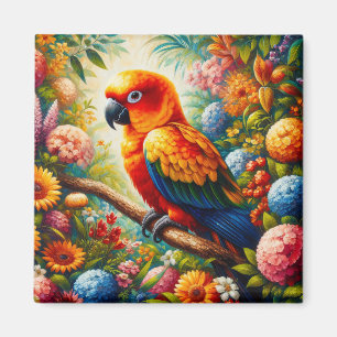 Sun Conure Parrot with Colourful Flowers Magnet