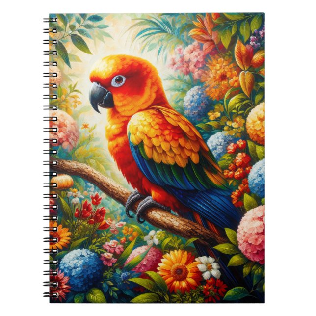 Sun Conure Parrot with Colourful Flowers Notebook (Front)