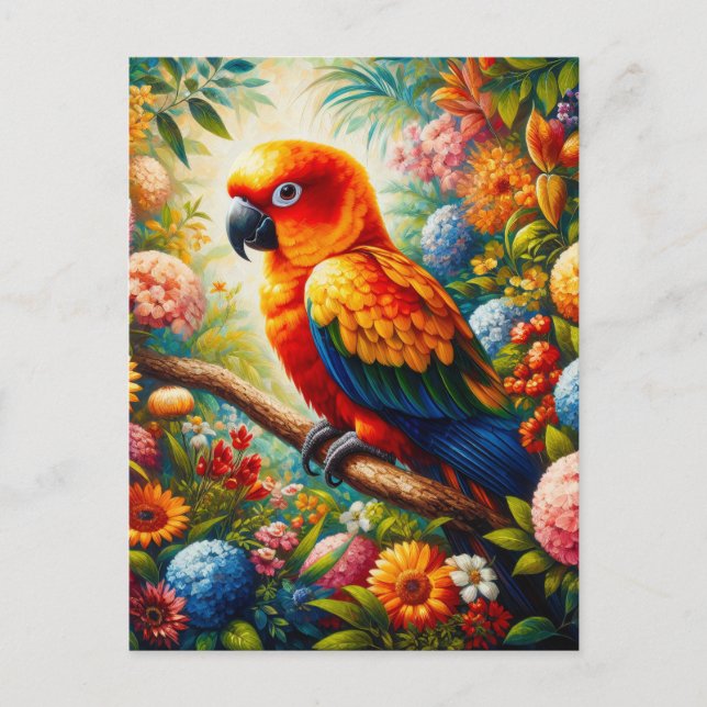 Sun Conure Parrot with Colourful Flowers Postcard (Front)