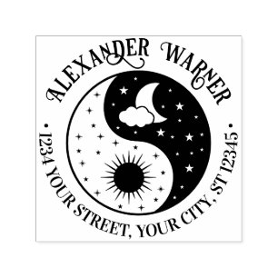 Sun Crescent Moon Stars Yin Yang Name Ret Address Self-inking Stamp