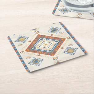 Sun-Drenched Terracotta and Blue Desert Kilim Square Paper Coaster