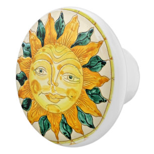 Sun Face With Leaves and Rays Happy Sunshine Ceramic Knob