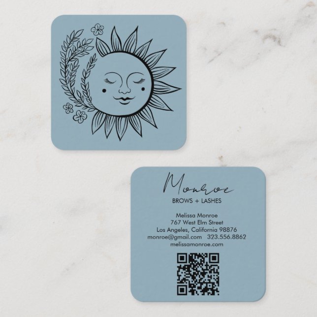 Sun Floral Boho Line Art Elegant QR Code Blue Square Business Card (Front/Back)