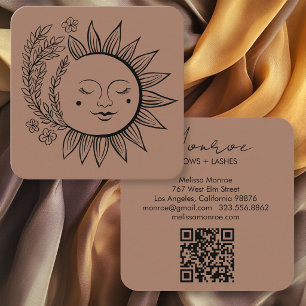 Sun Floral Boho Line Art Elegant QR Code Mocha Square Business Card