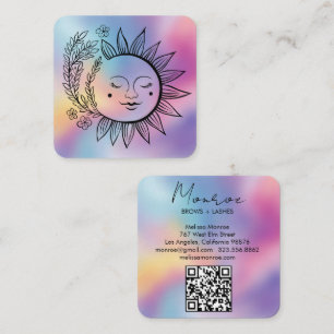Sun Floral Boho Line Art Elegant QR Code Rainbow Square Business Card