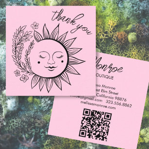 Sun Floral Boho THANK YOU Elegant QR Code Pink Square Business Card
