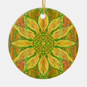 Sun Flower bohemian floral art yellow green orange Ceramic Tree Decoration