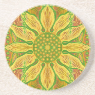 Sun Flower bohemian floral art yellow green orange Coaster