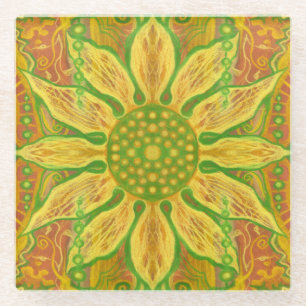 Sun Flower bohemian floral art yellow green orange Glass Coaster