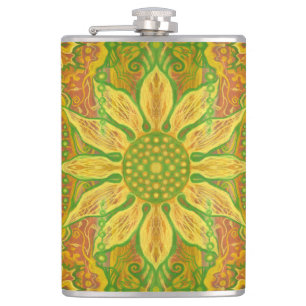 Sun Flower bohemian floral art yellow green orange Hip Flask